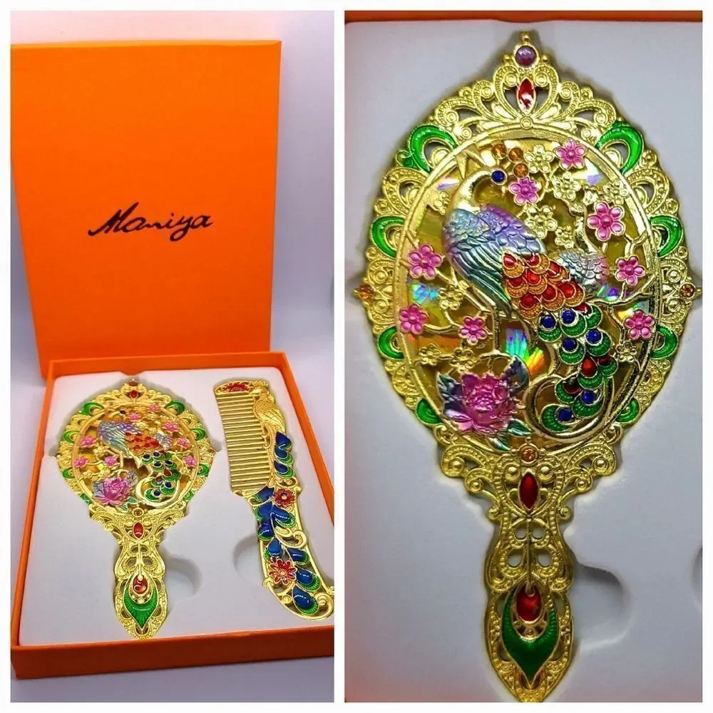 Vintage Peacock Mirror Comb Gift Box Set Yellow Gold Rhinestone Regency Vanity
